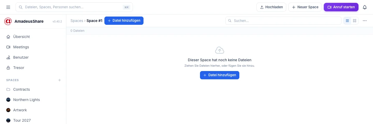 Ein leerer Space: „Dieser Space hat noch keine Dateien“ mit der Schaltfläche Datei hinzufügen.