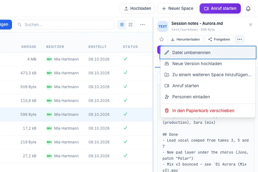 Das Menü ⋯ einer Datei: Datei umbenennen, Neue Version hochladen, Zu einem weiteren Space hinzufügen, Anruf starten, Personen einladen und in Rot In den Papierkorb verschieben.