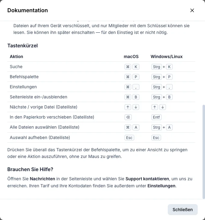 Die Hilfe in der App mit der Tabelle der Tastenkürzel.