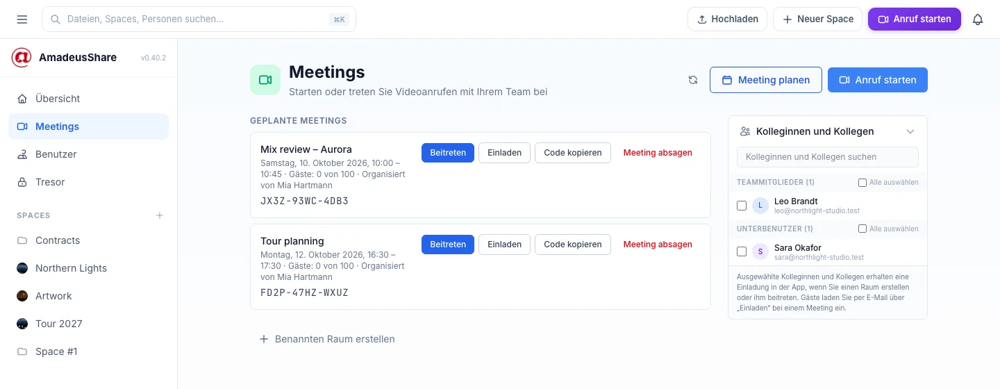 Die Seite Meetings mit zwei anstehenden Meetings — „Mix review – Aurora“ und „Tour planning“ —, jeweils mit Beitreten, Einladen und Code kopieren, daneben eine Liste von Kolleginnen und Kollegen zum Einladen.