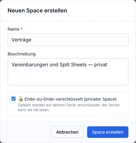 Der Dialog Neuen Space erstellen mit Name, Beschreibung und der Option Ende-zu-Ende-verschlüsselt.