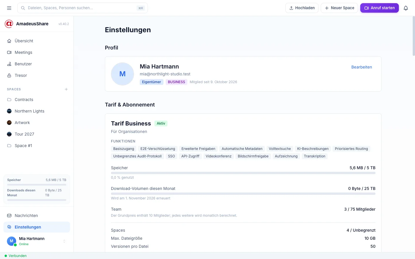 Einstellungen: das Profil von Mia Hartmann (Eigentümerin, Business) und der Business-Tarif mit Funktionen, Speicher und Download-Volumen.