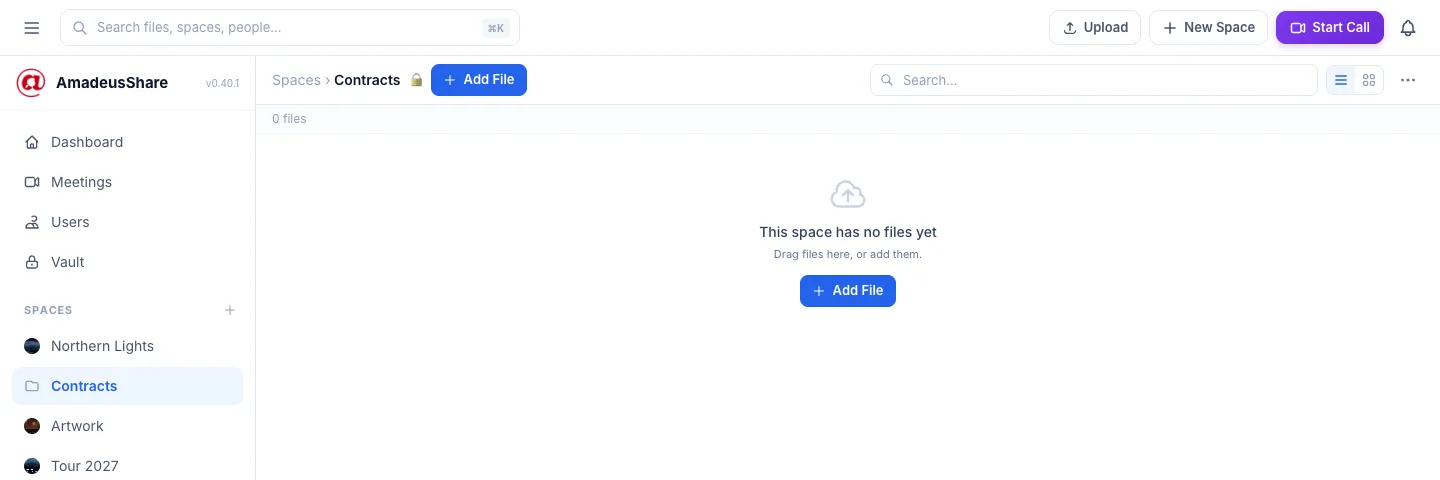 An empty space: “This space has no files yet” with an Add File button.