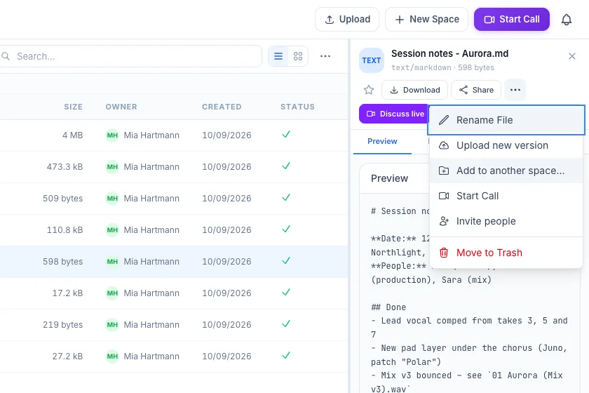 The ⋯ menu of a file: Rename File, Upload new version, Add to another space, Start Call, Invite people, and Move to Trash in red.