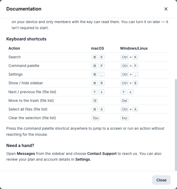 The help in the app with the table of keyboard shortcuts.