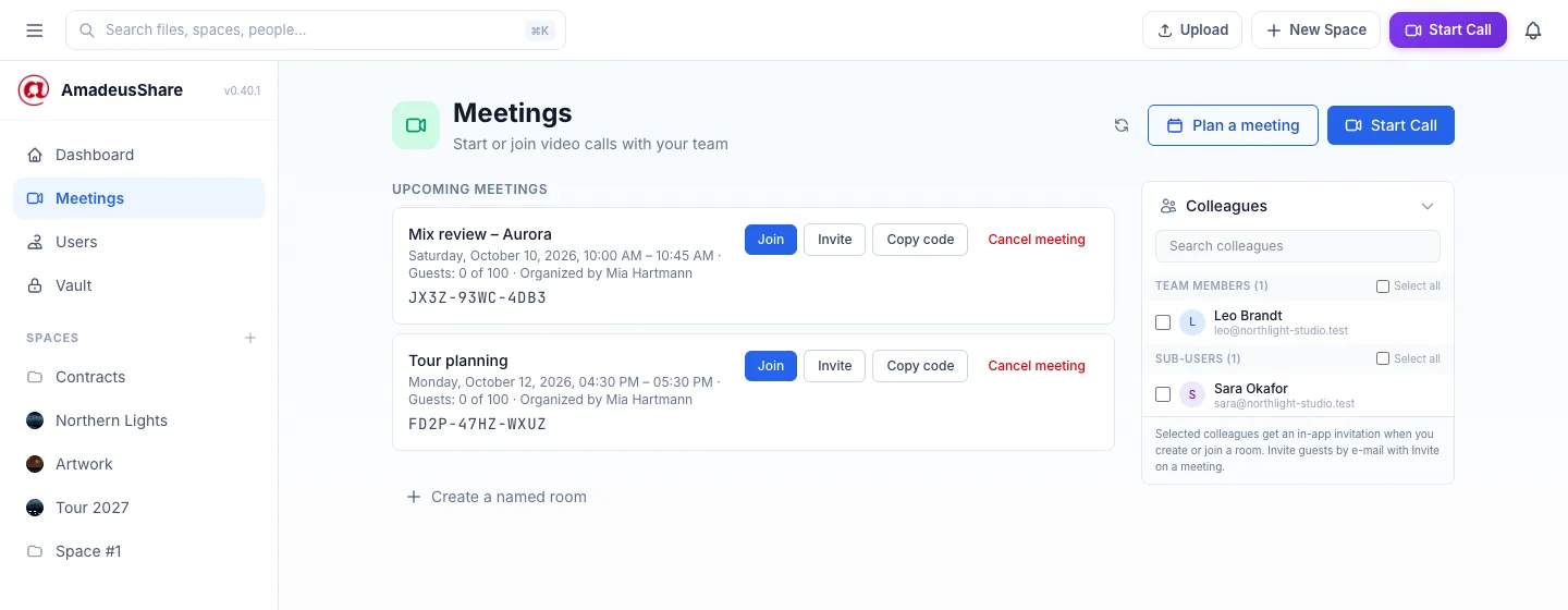 The Meetings page with two upcoming meetings — “Mix review – Aurora” and “Tour planning” — each with Join, Invite and Copy code, and a list of colleagues to invite.