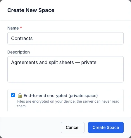 The Create New Space dialog with name, description and the end-to-end encrypted option.