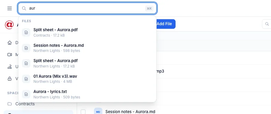 The search for “aur” lists five files: split sheets, session notes, the Aurora mix and the lyrics, each with its space.