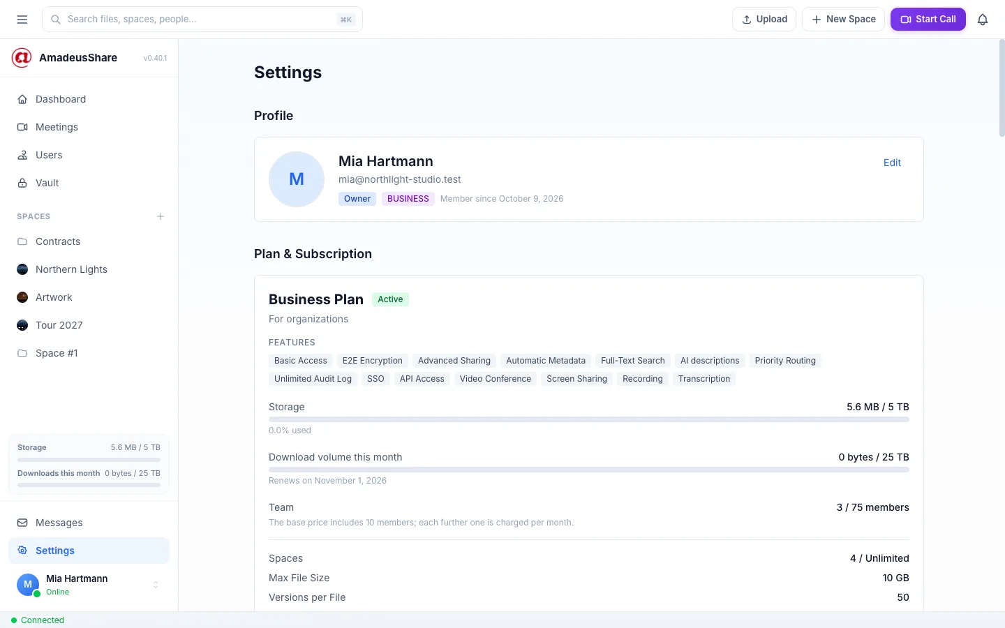 Settings: the profile of Mia Hartmann (Owner, Business) and the Business plan with its features, storage and download volume.