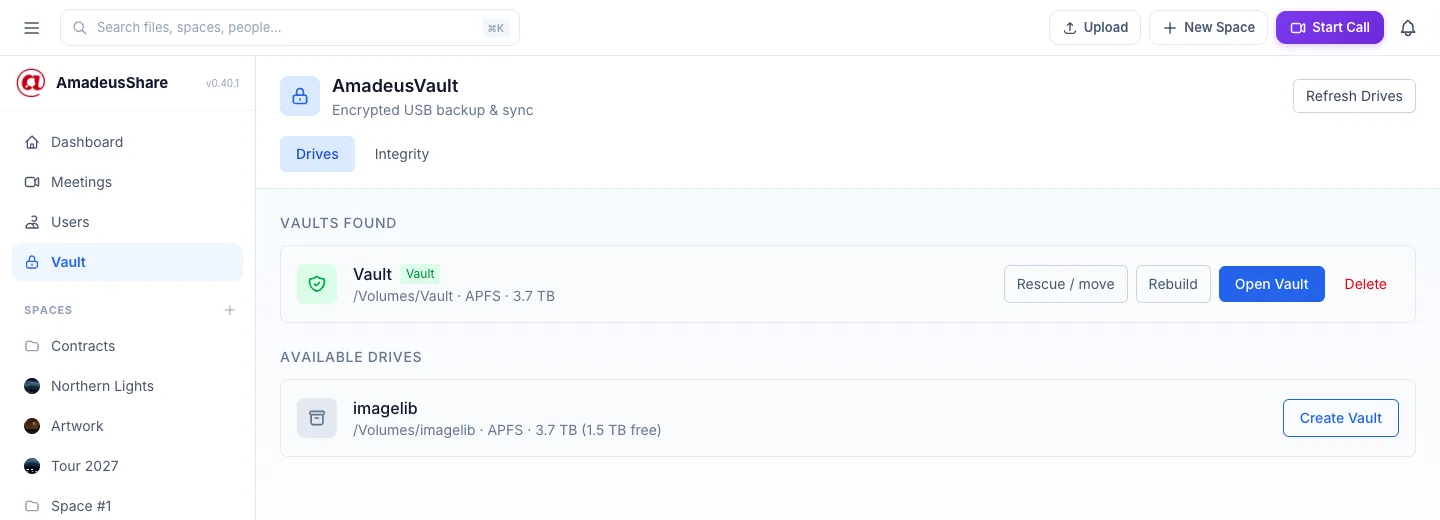 The Vault page: a found vault with Rescue / move, Rebuild, Open Vault and Delete, and an available drive with Create Vault.