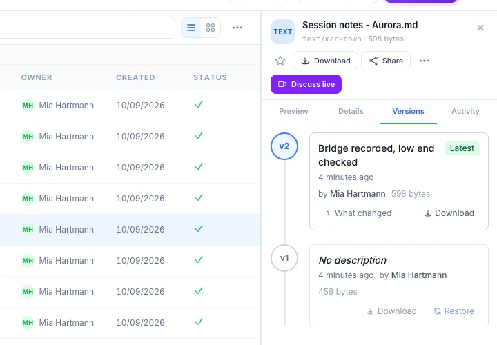 The Versions tab: version 2 “Bridge recorded, low end checked” (latest) above version 1, each with Download, version 1 also with Restore.